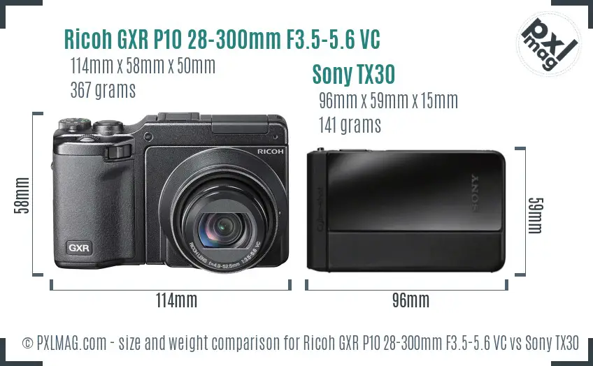 Ricoh GXR P10 28-300mm F3.5-5.6 VC vs Sony TX30 size comparison
