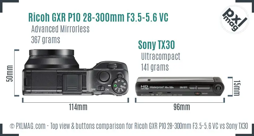 Ricoh GXR P10 28-300mm F3.5-5.6 VC vs Sony TX30 top view buttons comparison