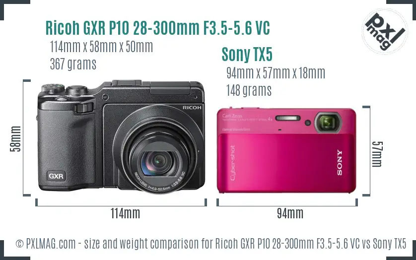 Ricoh GXR P10 28-300mm F3.5-5.6 VC vs Sony TX5 size comparison