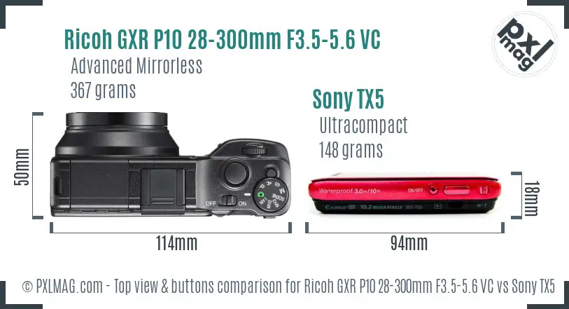 Ricoh GXR P10 28-300mm F3.5-5.6 VC vs Sony TX5 top view buttons comparison