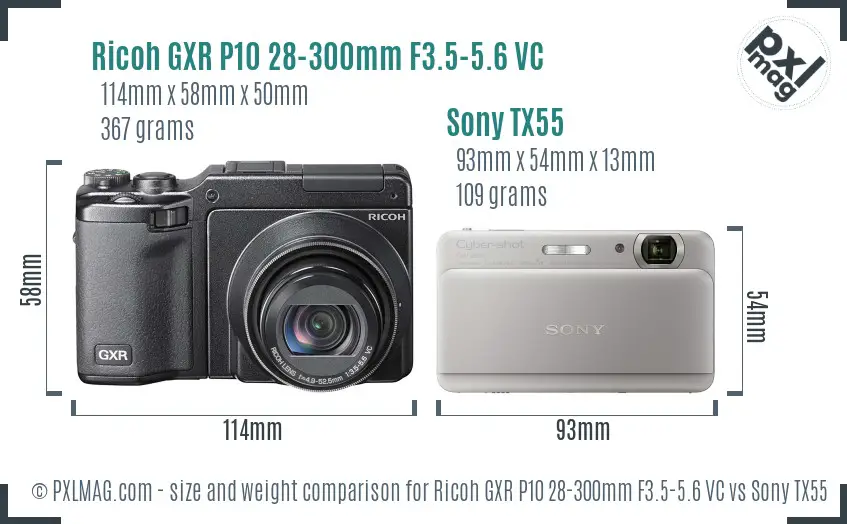 Ricoh GXR P10 28-300mm F3.5-5.6 VC vs Sony TX55 size comparison