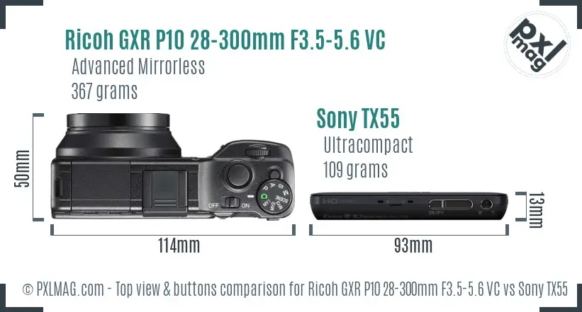 Ricoh GXR P10 28-300mm F3.5-5.6 VC vs Sony TX55 top view buttons comparison