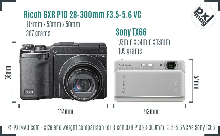 Ricoh GXR P10 28-300mm F3.5-5.6 VC vs Sony TX66 size comparison