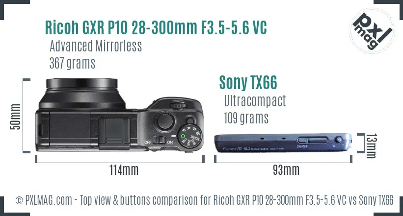 Ricoh GXR P10 28-300mm F3.5-5.6 VC vs Sony TX66 top view buttons comparison