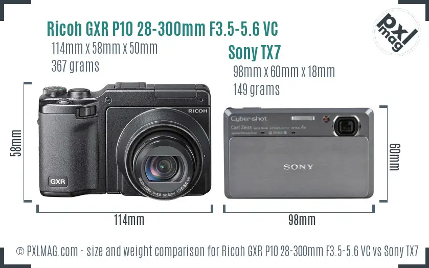 Ricoh GXR P10 28-300mm F3.5-5.6 VC vs Sony TX7 size comparison