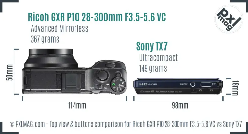 Ricoh GXR P10 28-300mm F3.5-5.6 VC vs Sony TX7 top view buttons comparison