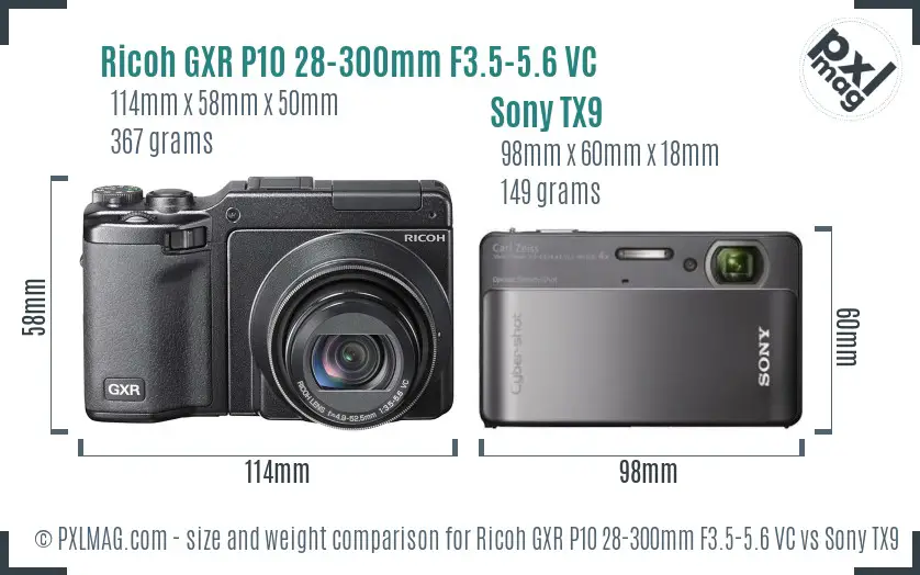 Ricoh GXR P10 28-300mm F3.5-5.6 VC vs Sony TX9 size comparison