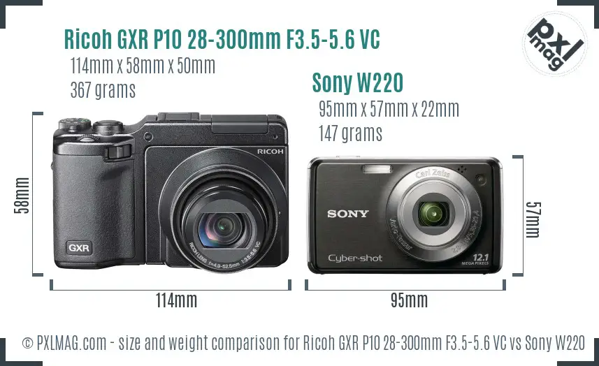 Ricoh GXR P10 28-300mm F3.5-5.6 VC vs Sony W220 size comparison