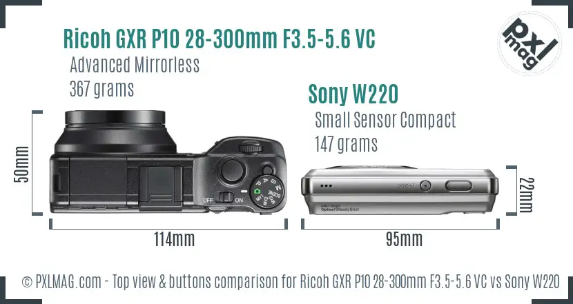 Ricoh GXR P10 28-300mm F3.5-5.6 VC vs Sony W220 top view buttons comparison