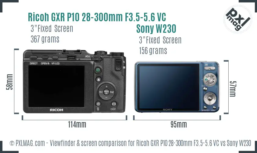 Ricoh GXR P10 28-300mm F3.5-5.6 VC vs Sony W230 Screen and Viewfinder comparison