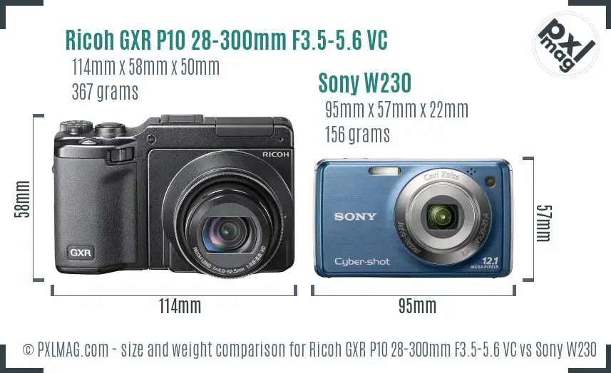 Ricoh GXR P10 28-300mm F3.5-5.6 VC vs Sony W230 size comparison