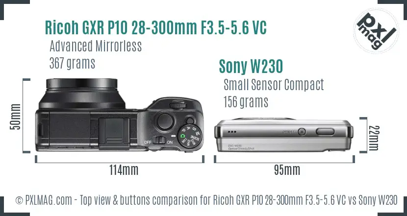 Ricoh GXR P10 28-300mm F3.5-5.6 VC vs Sony W230 top view buttons comparison