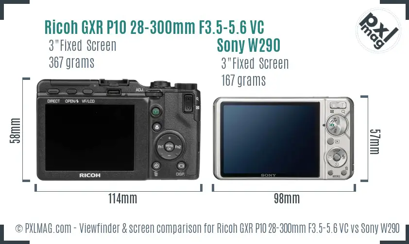 Ricoh GXR P10 28-300mm F3.5-5.6 VC vs Sony W290 Screen and Viewfinder comparison