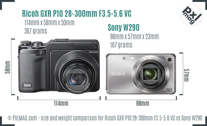 Ricoh GXR P10 28-300mm F3.5-5.6 VC vs Sony W290 size comparison