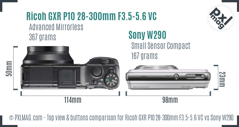Ricoh GXR P10 28-300mm F3.5-5.6 VC vs Sony W290 top view buttons comparison