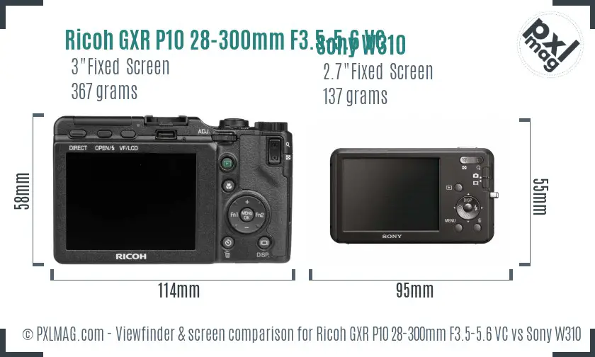 Ricoh GXR P10 28-300mm F3.5-5.6 VC vs Sony W310 Screen and Viewfinder comparison