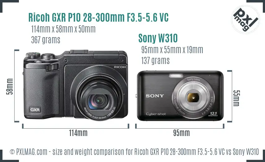 Ricoh GXR P10 28-300mm F3.5-5.6 VC vs Sony W310 size comparison