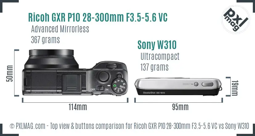 Ricoh GXR P10 28-300mm F3.5-5.6 VC vs Sony W310 top view buttons comparison