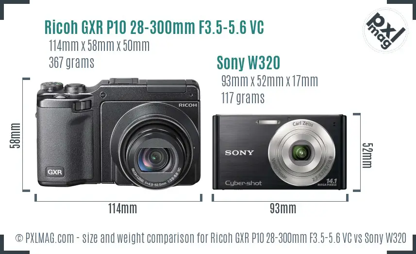 Ricoh GXR P10 28-300mm F3.5-5.6 VC vs Sony W320 size comparison