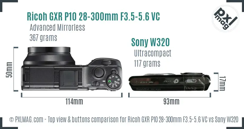 Ricoh GXR P10 28-300mm F3.5-5.6 VC vs Sony W320 top view buttons comparison