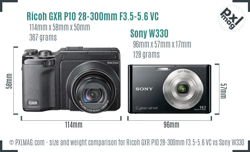Ricoh GXR P10 28-300mm F3.5-5.6 VC vs Sony W330 size comparison