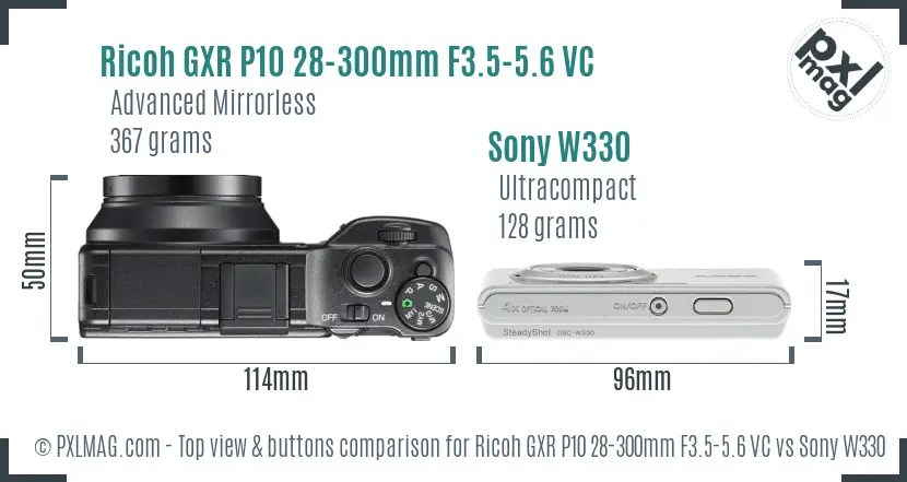 Ricoh GXR P10 28-300mm F3.5-5.6 VC vs Sony W330 top view buttons comparison