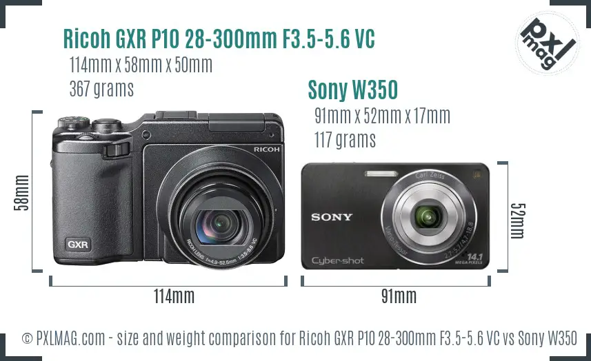 Ricoh GXR P10 28-300mm F3.5-5.6 VC vs Sony W350 size comparison