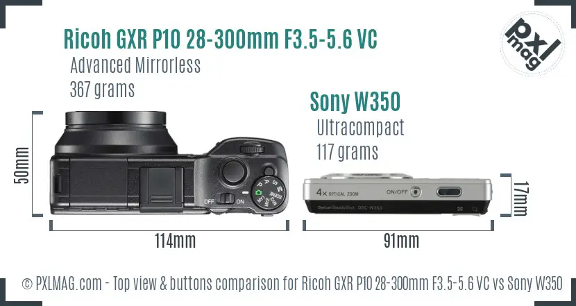 Ricoh GXR P10 28-300mm F3.5-5.6 VC vs Sony W350 top view buttons comparison