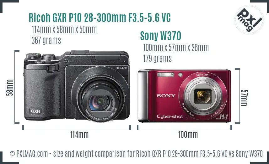 Ricoh GXR P10 28-300mm F3.5-5.6 VC vs Sony W370 size comparison