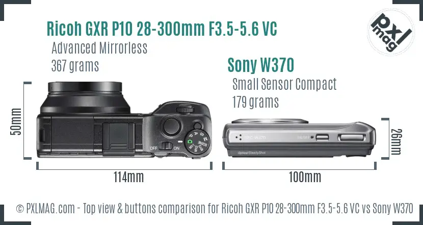 Ricoh GXR P10 28-300mm F3.5-5.6 VC vs Sony W370 top view buttons comparison