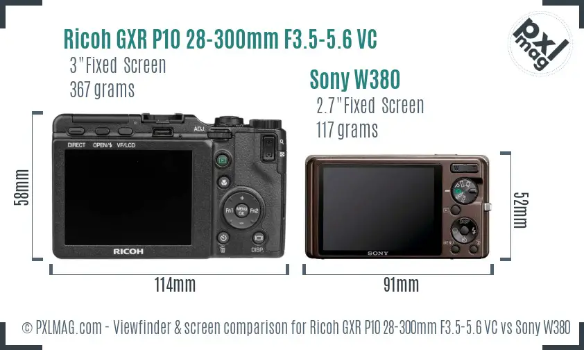 Ricoh GXR P10 28-300mm F3.5-5.6 VC vs Sony W380 Screen and Viewfinder comparison