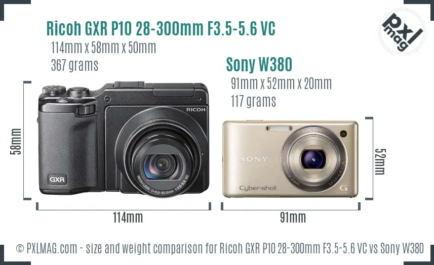 Ricoh GXR P10 28-300mm F3.5-5.6 VC vs Sony W380 size comparison