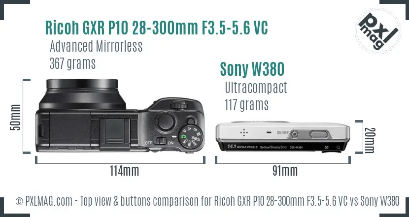 Ricoh GXR P10 28-300mm F3.5-5.6 VC vs Sony W380 top view buttons comparison