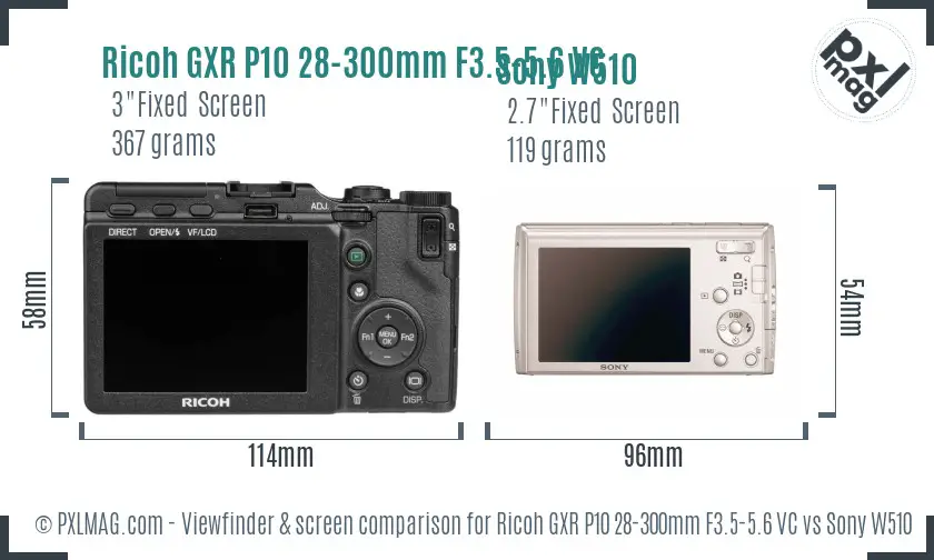 Ricoh GXR P10 28-300mm F3.5-5.6 VC vs Sony W510 Screen and Viewfinder comparison