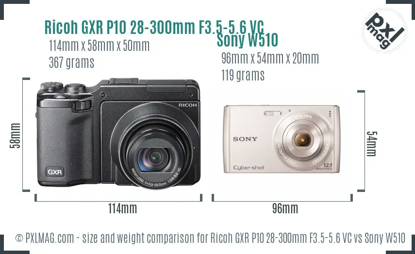 Ricoh GXR P10 28-300mm F3.5-5.6 VC vs Sony W510 size comparison