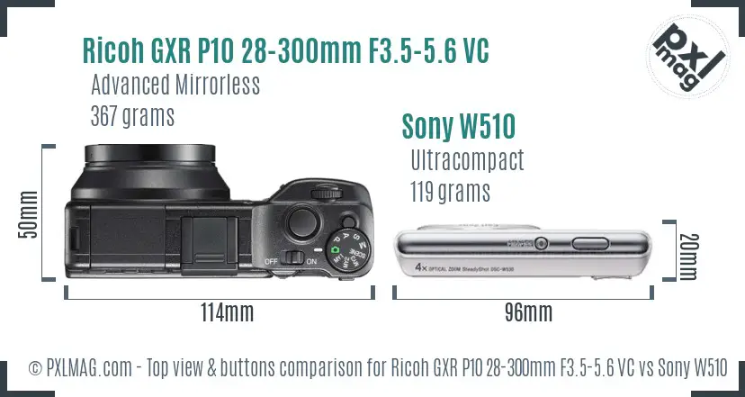 Ricoh GXR P10 28-300mm F3.5-5.6 VC vs Sony W510 top view buttons comparison
