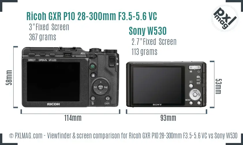 Ricoh GXR P10 28-300mm F3.5-5.6 VC vs Sony W530 Screen and Viewfinder comparison