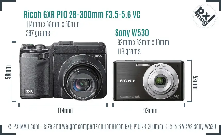 Ricoh GXR P10 28-300mm F3.5-5.6 VC vs Sony W530 size comparison
