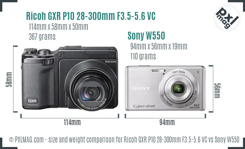 Ricoh GXR P10 28-300mm F3.5-5.6 VC vs Sony W550 size comparison