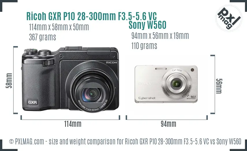 Ricoh GXR P10 28-300mm F3.5-5.6 VC vs Sony W560 size comparison