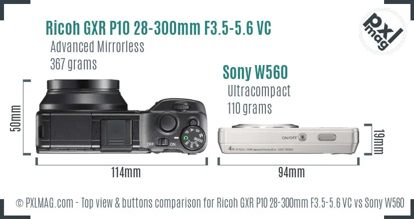 Ricoh GXR P10 28-300mm F3.5-5.6 VC vs Sony W560 top view buttons comparison