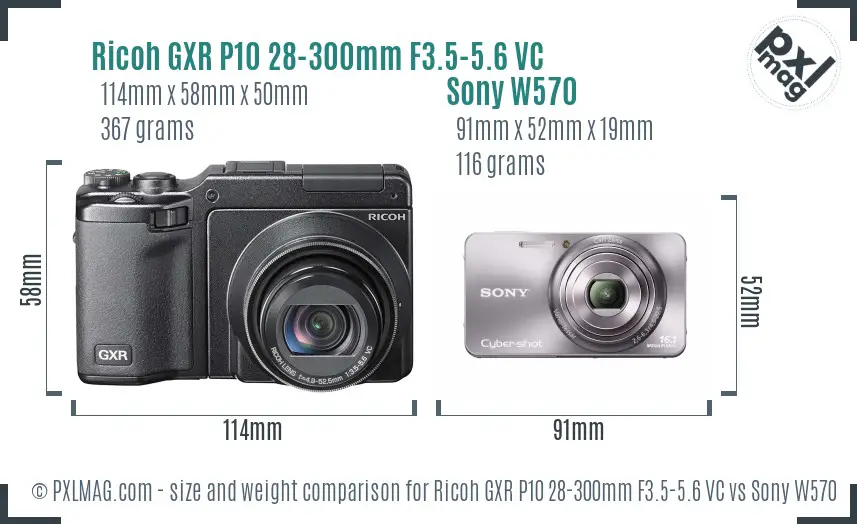 Ricoh GXR P10 28-300mm F3.5-5.6 VC vs Sony W570 size comparison