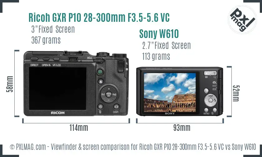 Ricoh GXR P10 28-300mm F3.5-5.6 VC vs Sony W610 Screen and Viewfinder comparison