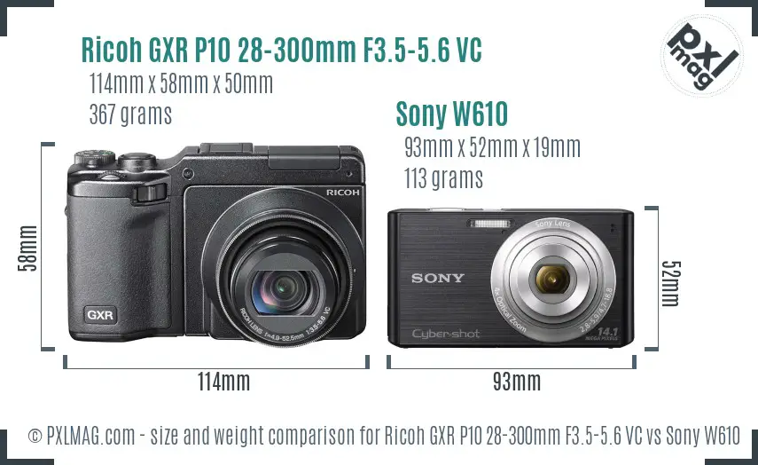 Ricoh GXR P10 28-300mm F3.5-5.6 VC vs Sony W610 size comparison