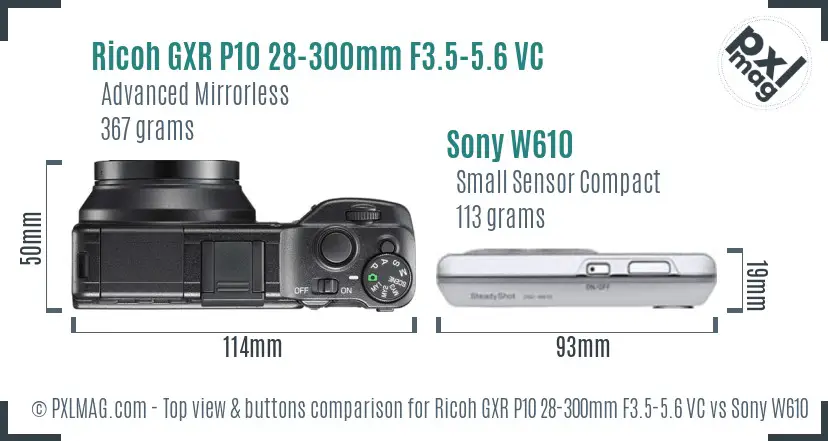 Ricoh GXR P10 28-300mm F3.5-5.6 VC vs Sony W610 top view buttons comparison
