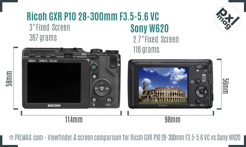 Ricoh GXR P10 28-300mm F3.5-5.6 VC vs Sony W620 Screen and Viewfinder comparison