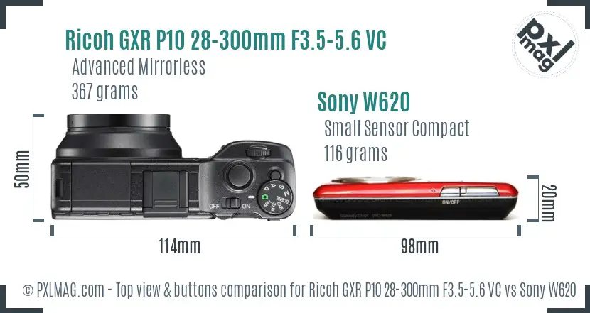 Ricoh GXR P10 28-300mm F3.5-5.6 VC vs Sony W620 top view buttons comparison