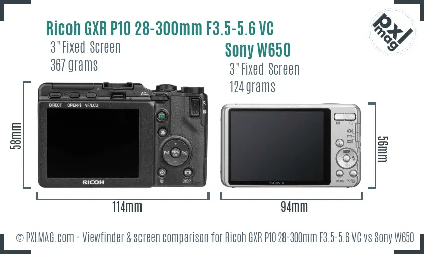 Ricoh GXR P10 28-300mm F3.5-5.6 VC vs Sony W650 Screen and Viewfinder comparison