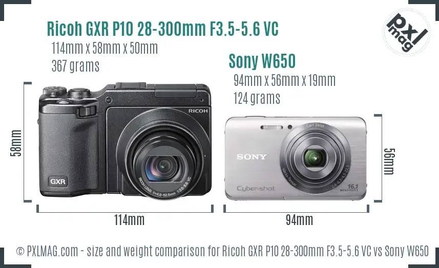 Ricoh GXR P10 28-300mm F3.5-5.6 VC vs Sony W650 size comparison