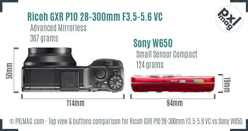Ricoh GXR P10 28-300mm F3.5-5.6 VC vs Sony W650 top view buttons comparison